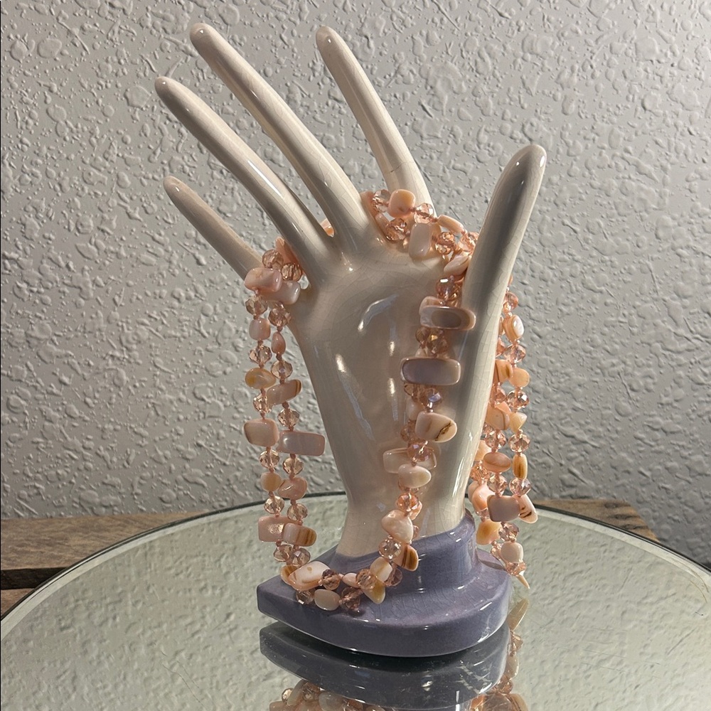 Long Pink Necklace Shells with glass Coastal Cowgirl, Festival, Shell Chic